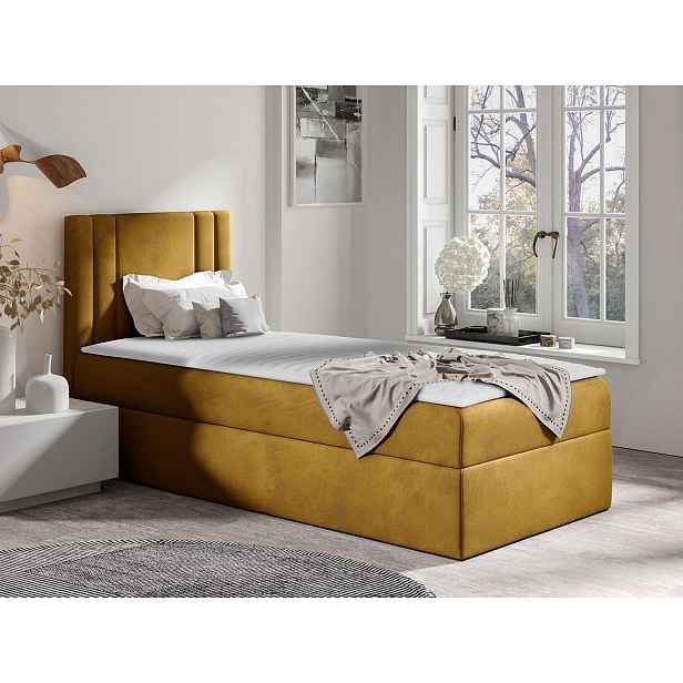 Americká jednolůžková postel 100x200 VITORIA MINI - hořčicová, levé provedení + topper ZDARMA