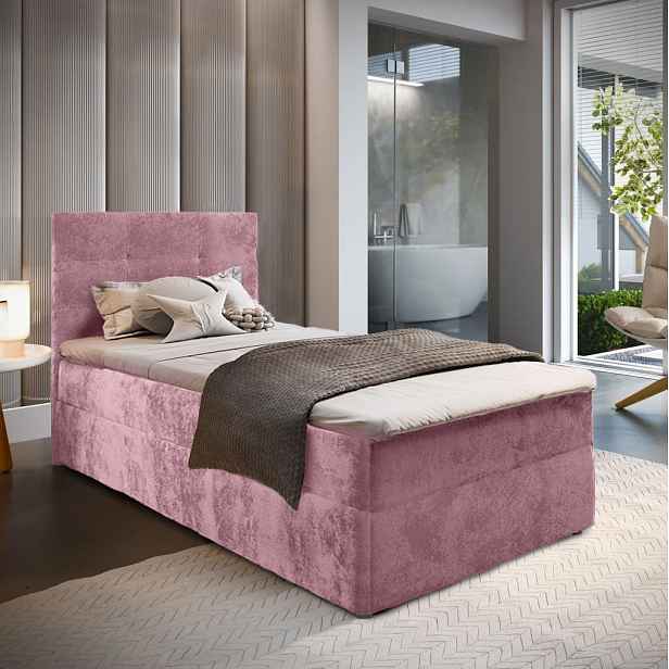 AKCE Čalouněná postel boxspring GLORIEN VELVET 90x200 cm růžová II. jakost