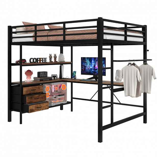 Modfu PATROVÁ postel z kovu a MDF 140x200 cm černá s LED osvětlením, psacím stolem, USB a 3 zásuvkami