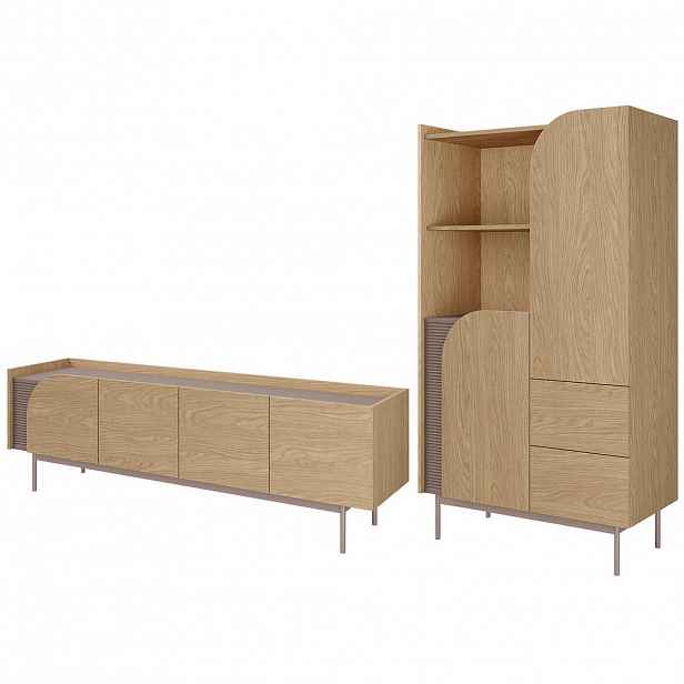 Beautysofa OBÝVACÍ STĚNA Camel, TV stolek 172 cm + regál na knihy 90 cm, rýhovaný detail, jarní dub + Toffee