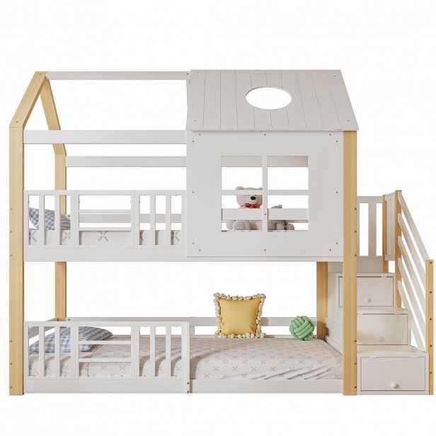Modfu PATROVÁ postel z masivu a MDF 90x200 cm bílá/přírodní s úložnými schody, střechou, okny a zábranami