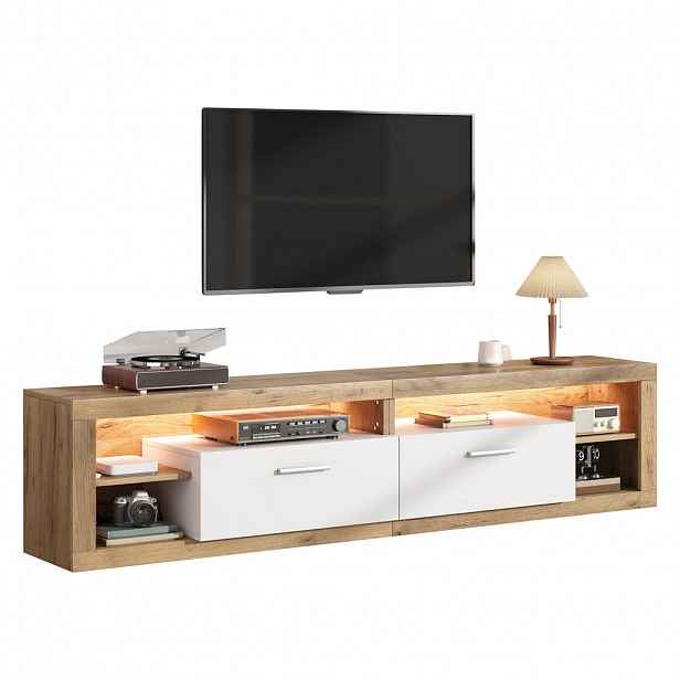 STILVORA TV SKŘÍŇKA v přírodní a bílé barvě s LED osvětlením a 2 zásuvkami do obýváku, Š180/H35,5/V50 cm