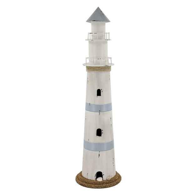 Bílo-modrá kovová dekorace maják s Led Lighthouse - Ø 17*61 cm Chic Antique