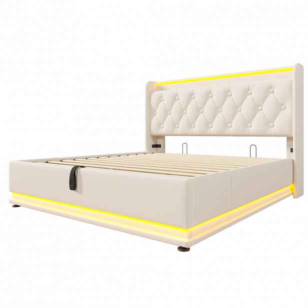 Modfu ČALOUNĚNÁ postel z PU 160x200 cm bílá s LED osvětlením, USB/USB-C a hydraulickým úložným prostorem s matrací