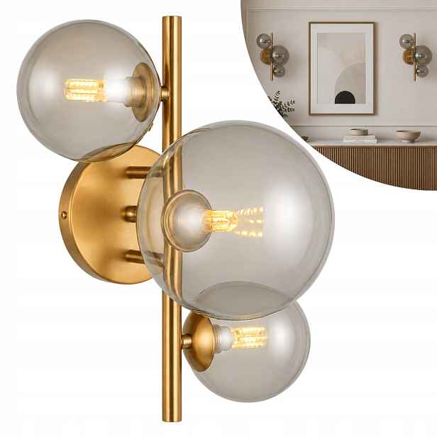 Nástěnná lampa mosazná, skleněné jantarové koule 3 body do obývacího pokoje Italux