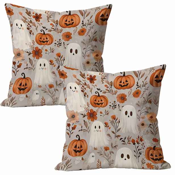 TEMU Sada 2 povlaků na polštáře z broskvového sametu, roztomilý květinový potisk duchů a dýní, dekorativní povlaky na polštáře na halloweenskou