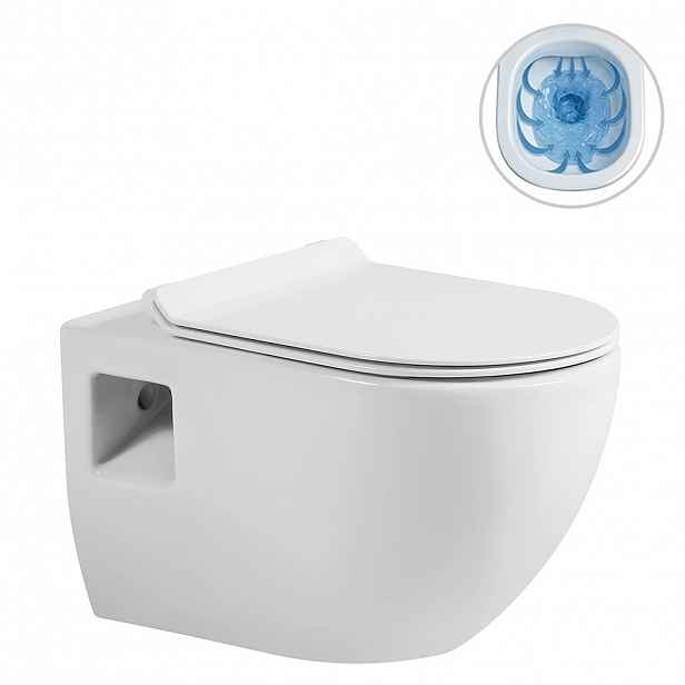 WC závěsné Dure, Rimless - bezokrajové splachování + Slim/SoftClose sedátko - bílá lesklá - 51x35 cm