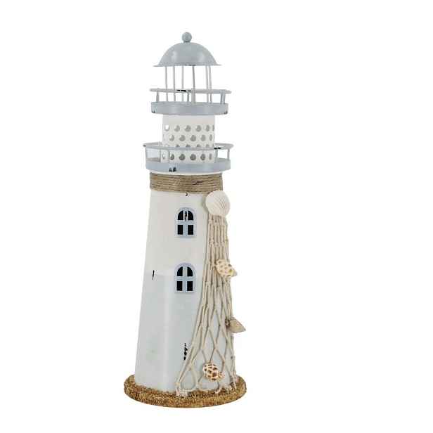 Bílo-modrá kovová dekorace maják s Led Lighthouse - Ø 10*28 cm Chic Antique