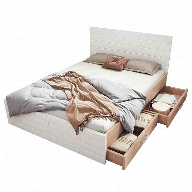 Modfu MANŽELSKÁ postel z masivního dřeva a MDF 160x200 cm bílá/světlý dub se 2 zásuvkami, roštem a matrací