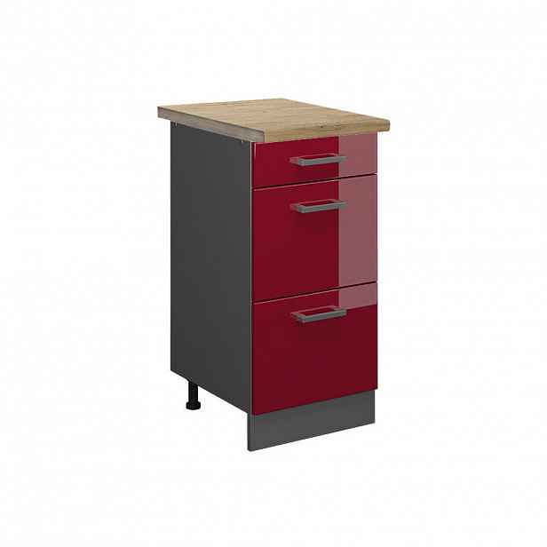 Vicco SPODNÍ SKŘÍŇKA KUCHYŇSKÉ LINKY R-Line Červená vysoký lesk 40 cm se zásuvkami, PD Dub