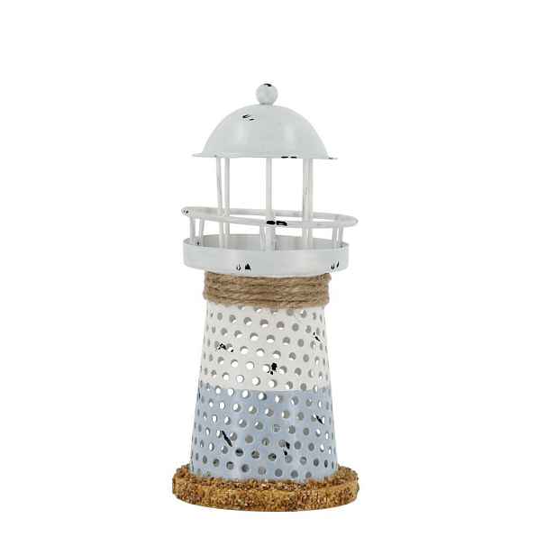 Bílo-modrá kovová dekorace maják s Led Lighthouse - Ø 6,5*15 cm Chic Antique