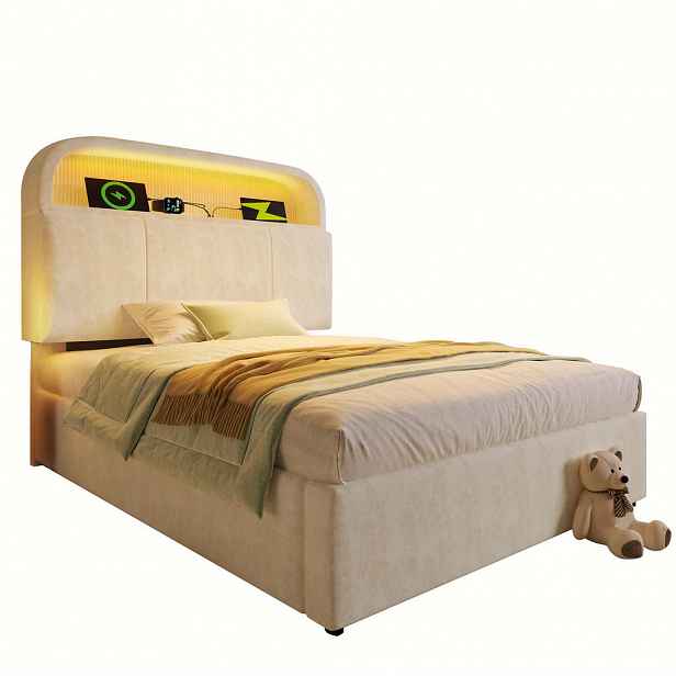 Modfu ČALOUNĚNÁ postel z sametu 90x200 cm béžová s výškově nastavitelným úložným čelem, LED osvětlením, USB/Type-C a matrací