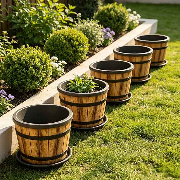 TEMU Sada 5 rustikálních květináčů ve stylu whiskey sudu s podnosy, ideální pro venkovní zahrady, terasy a dekoraci verandy, vyrobené z odolného