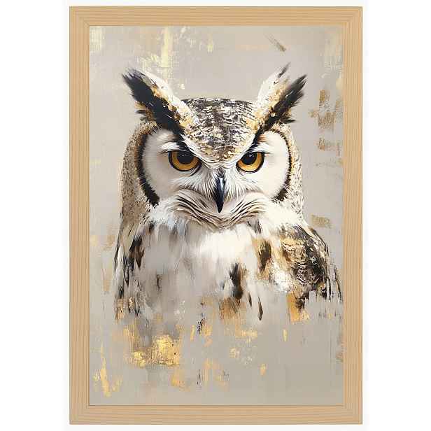 Plakát Rámeček Dřevo Portrét Pták Sova Moudrost Boho Béžová Hnědá 40x60