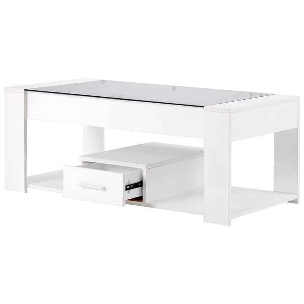 CHICFURN KONFERENČNÍ STOLEK 100 × 50 × 40 cm v bílé barvě se skleněnou deskou a 2 zásuvkami
