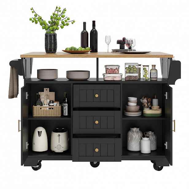 OKWISH KUCHYŇSKÝ ostrůvek 120/40/95 cm černý z MDF a kovu s výklopnou deskou a úložným prostorem