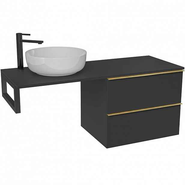 Koupelnová skříňka Velora - černá matná, úchytka zlatá + deska pod umyvadlo Navira Slim - 18 mm + konzole černá - 120x54,8x46,5 cm
