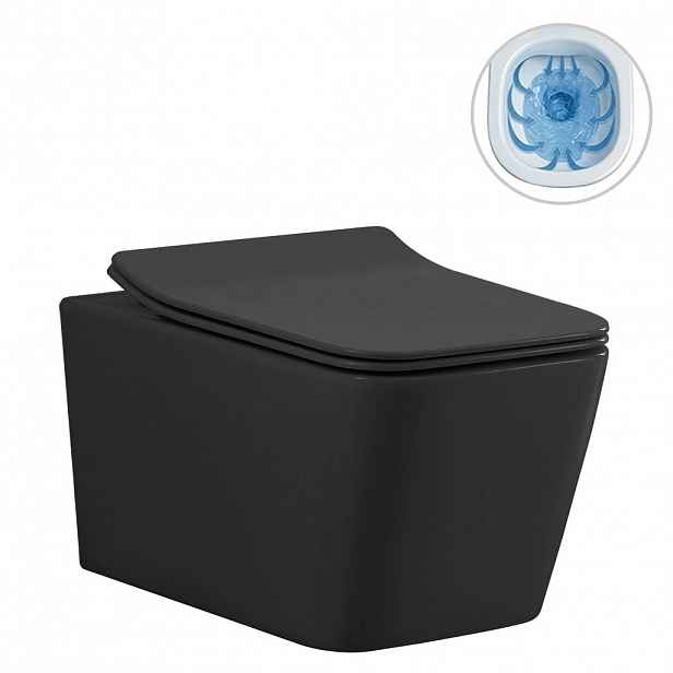 WC závěsné Forte, Rimless - bezokrajové splachování + Slim/SoftClose sedátko - černá matná - 51x36 cm