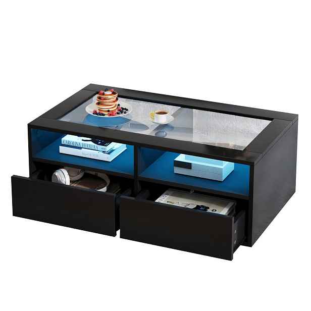 CHICFURN KONFERENČNÍ STOLEK 100 × 50 × 35 cm v černé barvě se 2 zásuvkami, LED osvětlením a skleněnou deskou