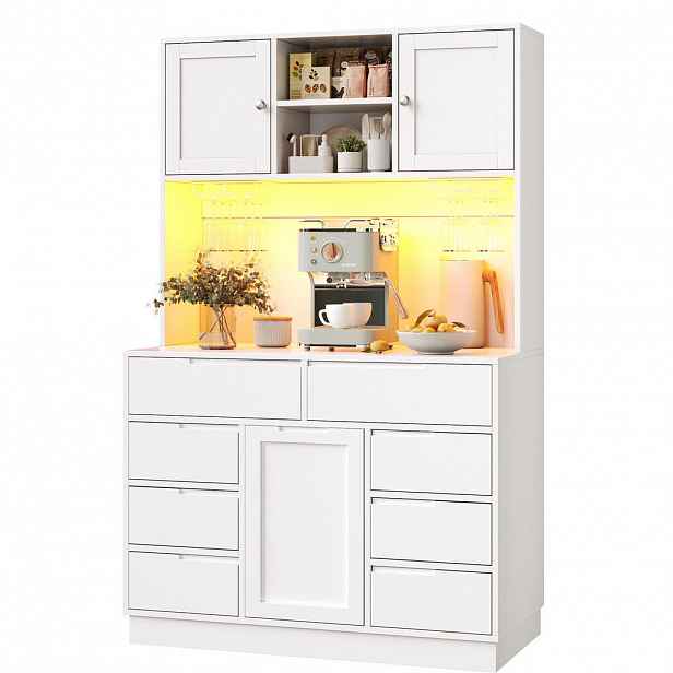 OKWISH KUCHYŇSKÁ vysoká skříň 120/40/183,5 cm bílá z MDF s LED osvětlením a 8 zásuvkami