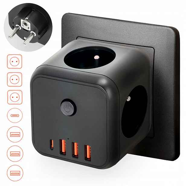 Elektrická zásuvka rozbočka Usb 3-zásuvky s možností vypnutí 4x Usb černá