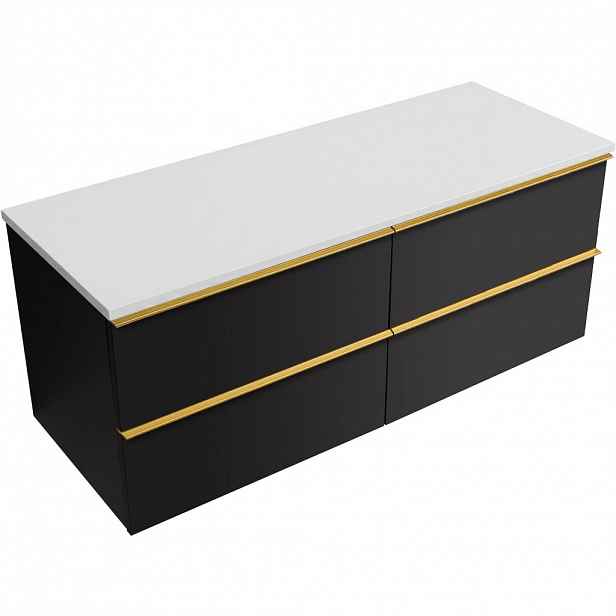 Koupelnová skříňka Velora - černá matná, úchytka zlatá + deska z lit. mramoru Elanys - 12 mm - bílá matná - 120x54,2x46,5 cm