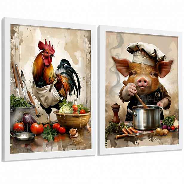 Nacnic PLAKAT Sada 2 Animal Chef A4 Bílý rám