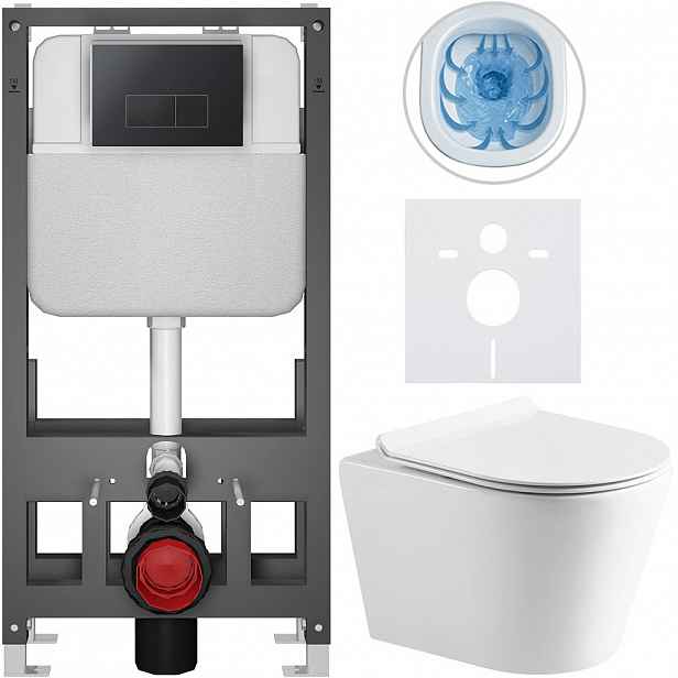 Kompletní WC set Basic/Carlito - bílá lesklá - WC tlačítko Modulo/Černá - volně stojící - předstěnová instalace - 48,5x36,5 cm
