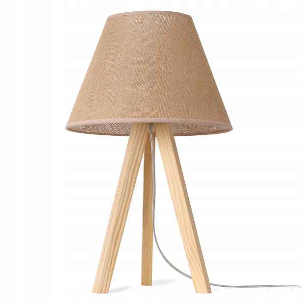 Noční Lampa Na Stůl, Robustní Trojnožka, Dřevo S Jutovým Stínítkem, Béžová Boho