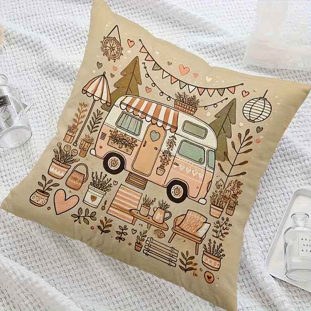 TEMU 1ks Veselý Kempingový Vintage Karavan & Přírodní Scéna Dekorativní Polštářový Potah - 18x18 Palců Polyester se Zipem, Pratelná v Pračce pro