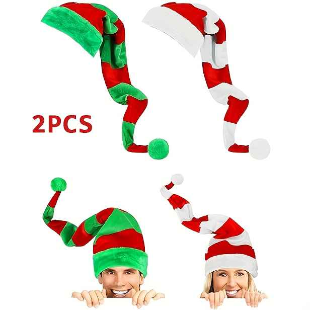TEMU Sada 2 ks vánočních čepic elfů s dlouhým pruhovaným plyšovým designem – slavnostní doplněk Santa vhodný pro muže i ženy, ideální pro vánoční