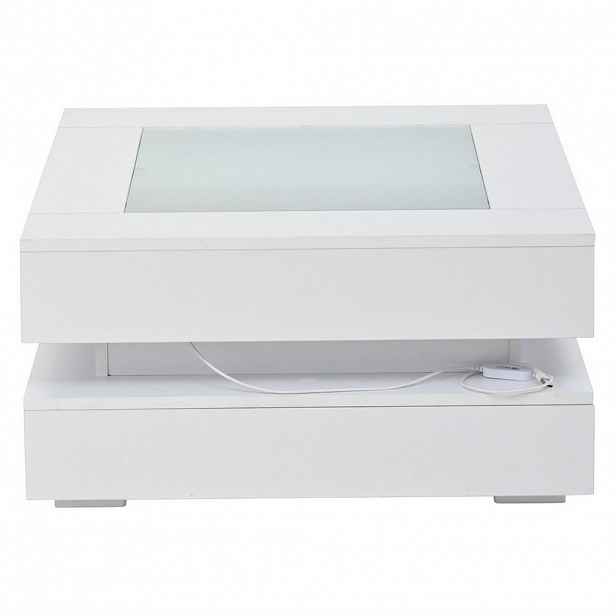 OKWISH KONFERENČNÍ stolek 70/70/35 cm bílý ze skla a dřevotřísky s LED osvětlením a 3 zásuvkami