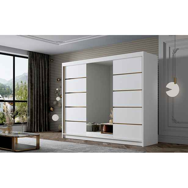 Šatní skříň se zrcadlem MILINA - 200 cm, bílá