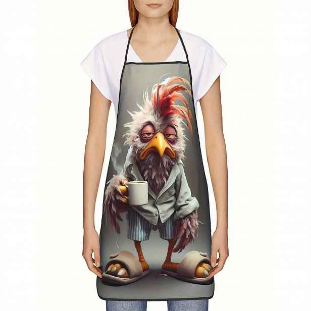 TEMU 1ks Vtipná kuchyňská zástěra s kohouta - Odolný polyester se pruhovaným designem, nastavitelný krk a boční šněrování pro vaření, pečení,