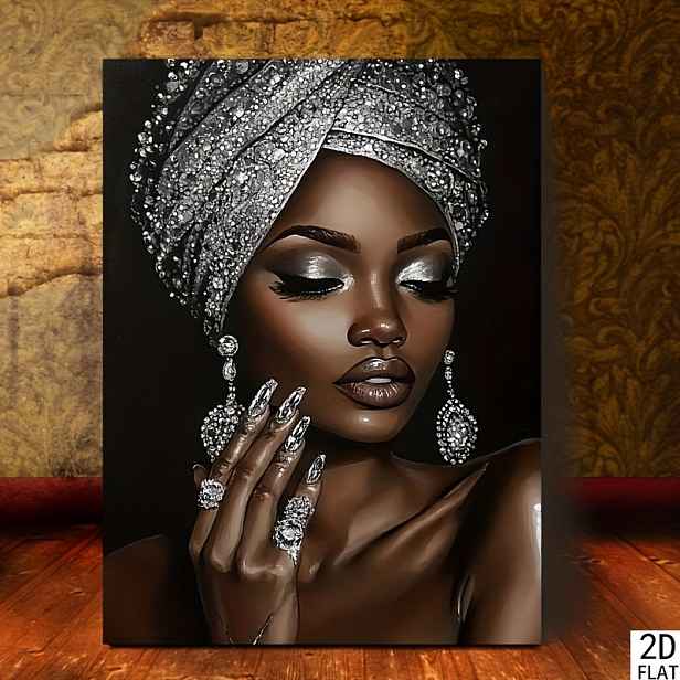 TEMU Dekorace do místnosti 1 ks, Africká žena se stříbrným třpytivým výšivkou, Bezrámové plátno na zeď, 11,8x15,7 palců, Elegantní dekorace do