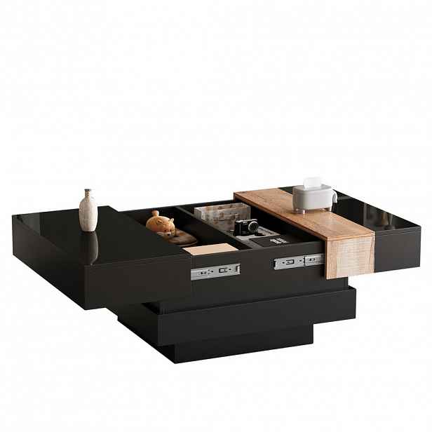 OKWISH KONFERENČNÍ stolek 70/70/39 cm černý z MDF s výsuvnou deskou a skrytým úložným prostorem