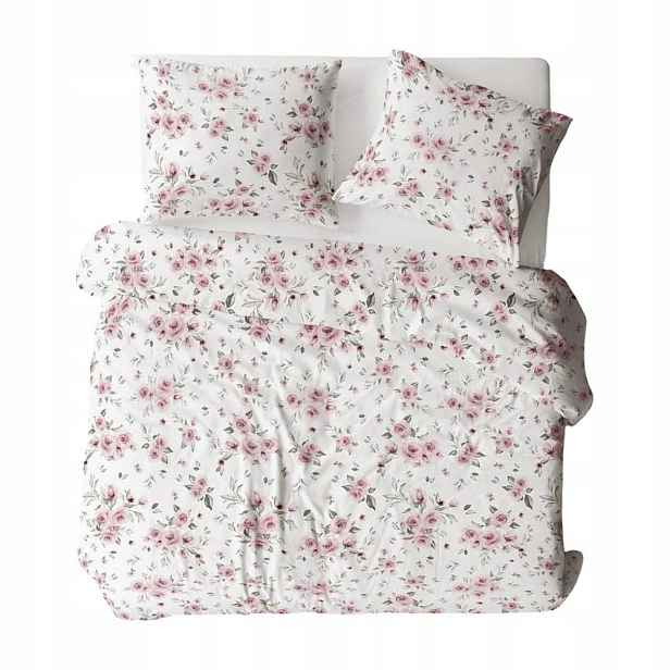 Povlečení flanelové 160x200 bílá růžová květy flanelu Komfort na knoflíky