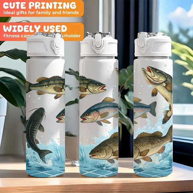 TEMU 1ks Sportovní plastová láhev na pití s potiskem skákající ryby, 750ml/26oz, Roztomilý potištěný design, Nepropustná s vysouvacím víčkem, Ideální