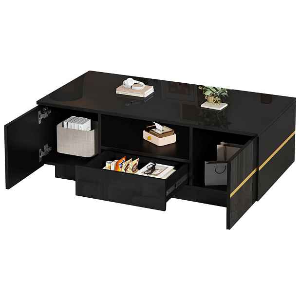 CHICFURN KONFERENČNÍ STOLEK 100 × 50 × 35,5 cm v černé barvě se 2 dvířky, zásuvkou a otevřenou přihrádkou