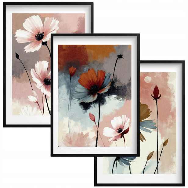 Plakáty v černých rámečcích Pastelové obrazy Květiny Akvarel Triptych 30X40