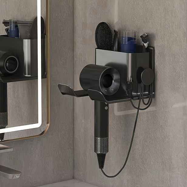 TEMU Multifunkční nástěnný organizér do koupelny - Stylový černý design, vhodný pro fény, hřebeny, holicí strojky a úložný na kosmetiku, s držákem na