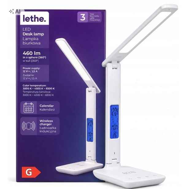Led stolní lampa 460 lm s indukční nabíječkou, hodinami a kalendářem