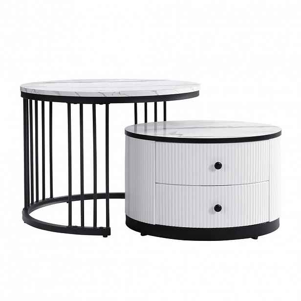 OKWISH KONFERENČNÍ stolek 60/60/45,5 + 50/50/32 cm bílá/černá z MDF s lesklým mramorovým dekorem a zásuvkami