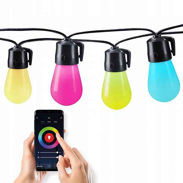 Led smart párty řetěz 10W, Rgb, bluetooth, 15 žárovek, 14m+6m, IP44
