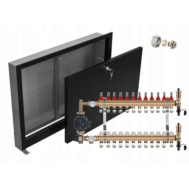 Rozdělovač pro podlahu 12+POMPA Grundfos+pex Podomítková Skříňka Černá