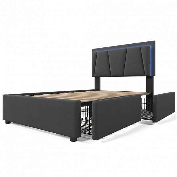 Modfu ČALOUNĚNÁ postel z lněné tkaniny 90x200 cm šedá s LED osvětlením, 2 zásuvkami, nastavitelným čelem a matrací