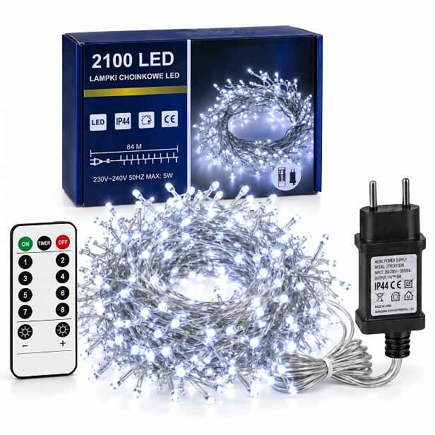 Náušnice vánoční Led řetěz drátek Led 2100LED 100M Studená Bílá Dálkové Ovládání IP44 2000W