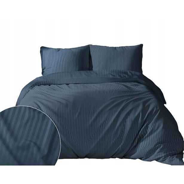 Povlečení bavlněný satén damašek Pure 180x200 denim modrý proužek 1 cm
