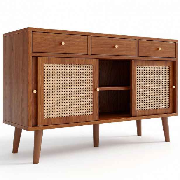Modfu KOMODA z MDF 120x40x78 cm ořechová se 3 zásuvkami, 3 posuvnými dveřmi a nastavitelnými policemi