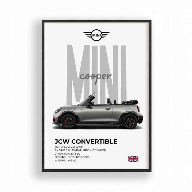 Obraz Auto Mini Cooper Cabrio Plakát Rámeček Dřevěný Černý 30x42 cm